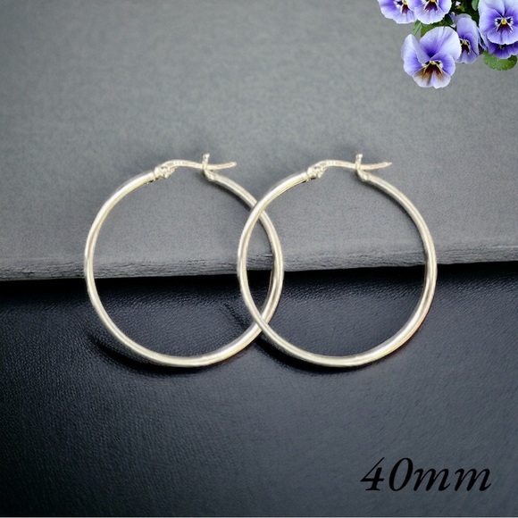 Sterling Silver Medium Plain Hoop Earrings, Classic Silver Jewelry, 40mm - Picture 2 of 5